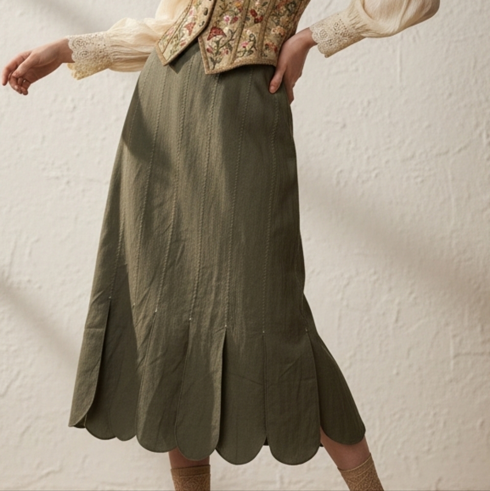 Vintage Olive Scallop-Hem Midi Skirt